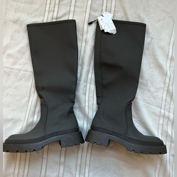 Zara Lug Sole Chunky Rubberized Platform Combat Rain Tall Boot Khaki Green 6 New - Picture 13 of 15